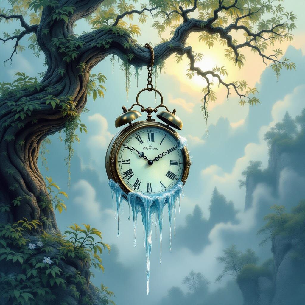 Surreal Melting Clock on Tree Branch in Fantasy Art Style
