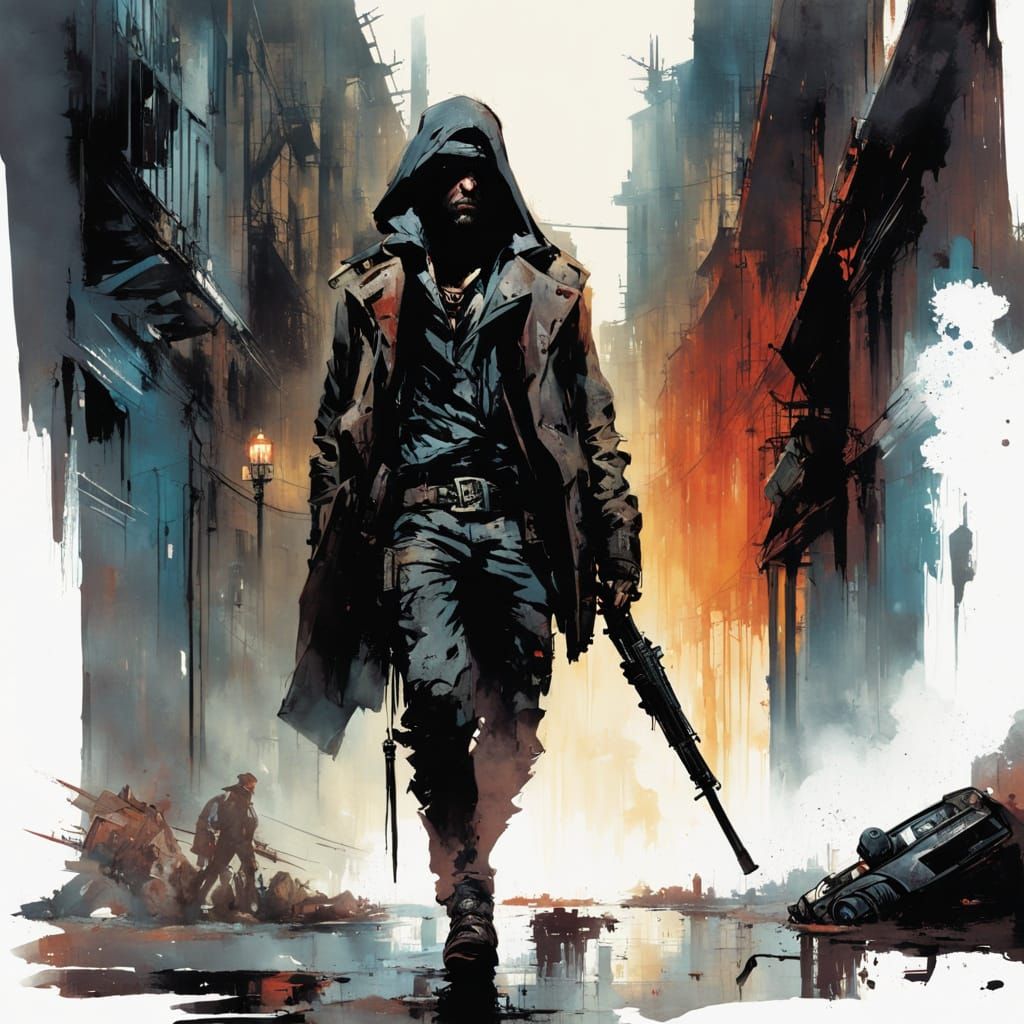 Dystopian Vagrant in Moody Watercolor Style