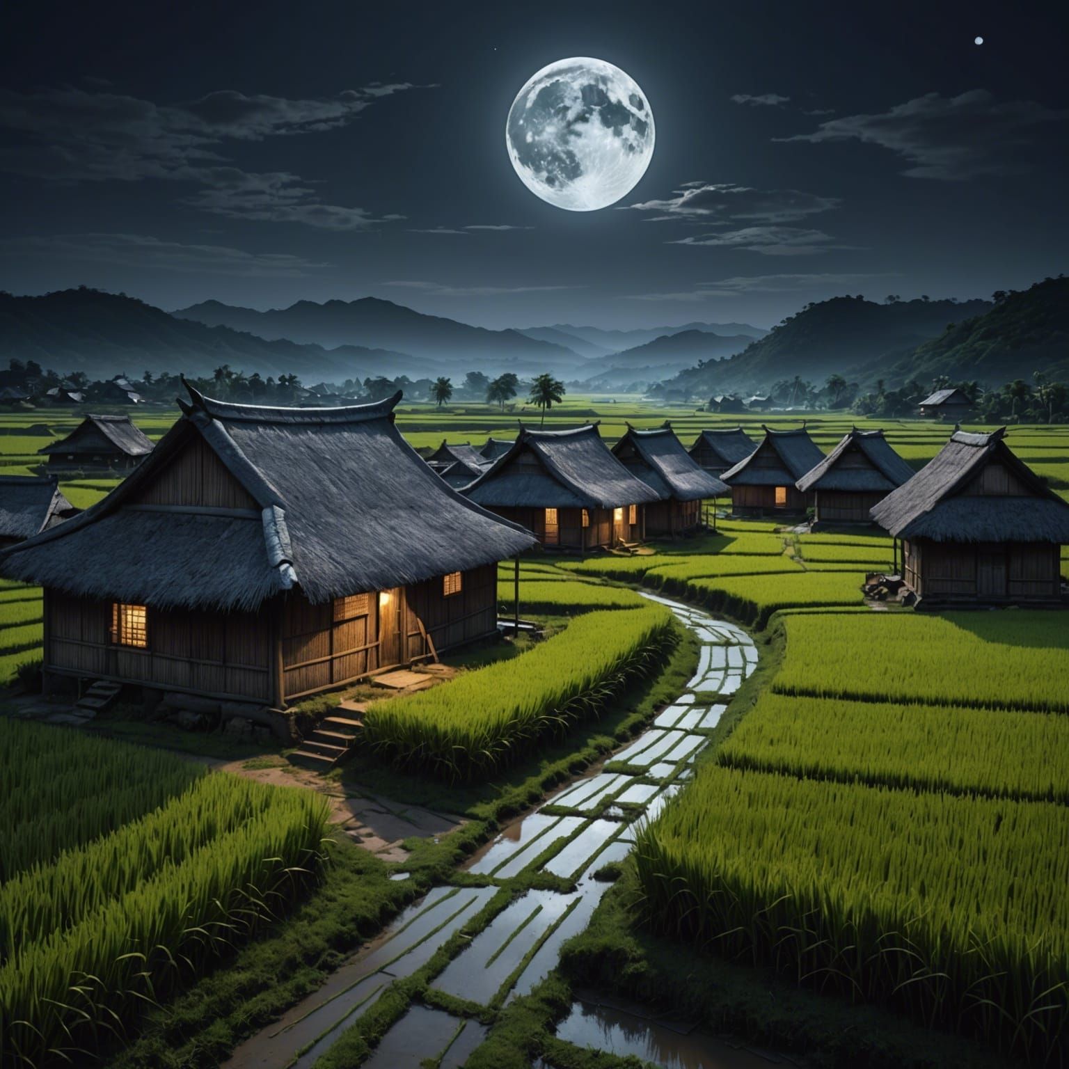 Eerie Village in Rice Fields Under Moonlight