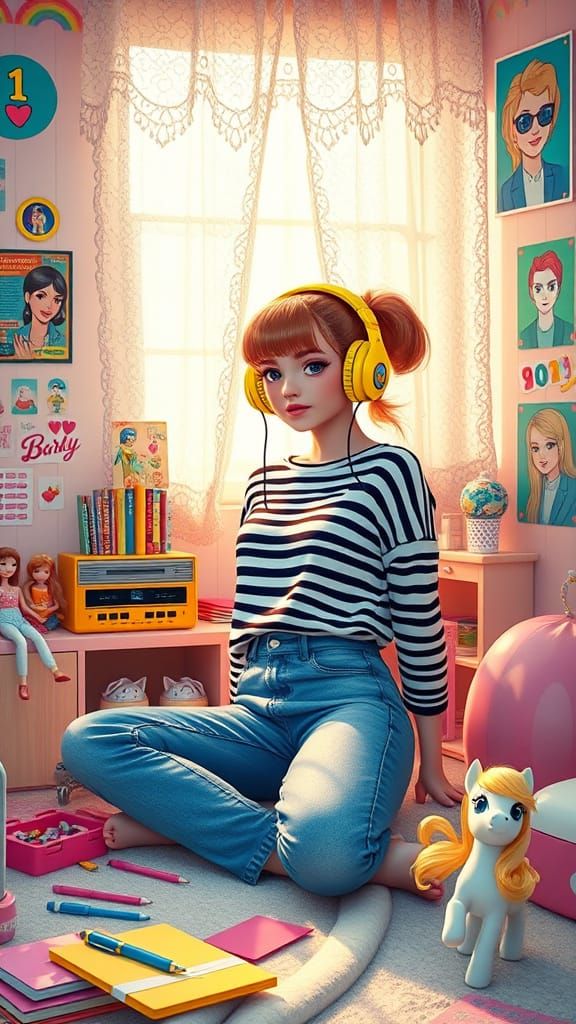 Nostalgic 1980s Teen Girl Surrounded by Retro Toys and Music