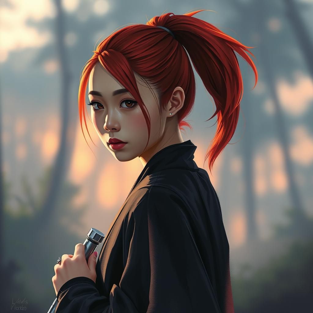 Asian Jedi with Red Hair in Forest, Digital Art