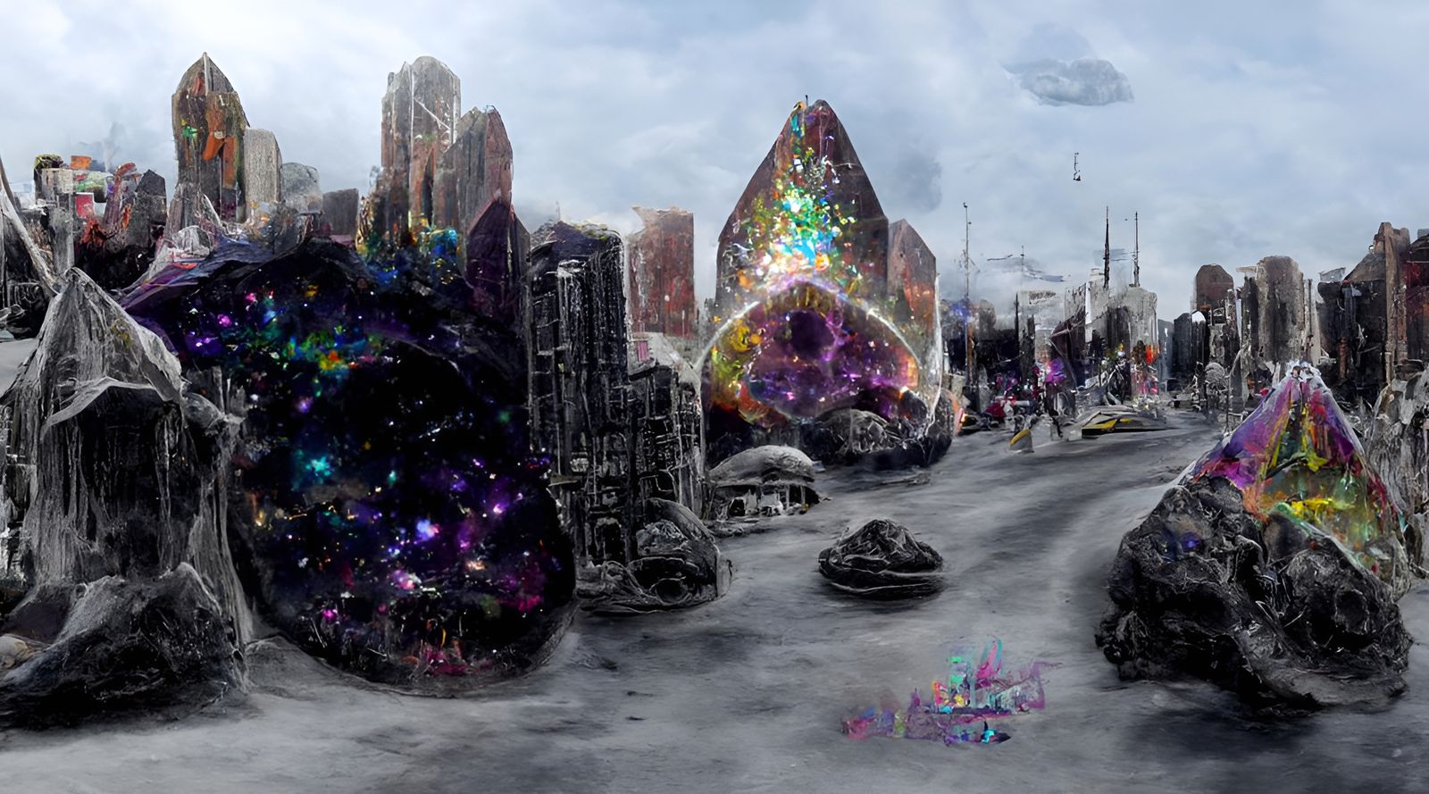 Galactic Geode City Street in Mixed Media Style