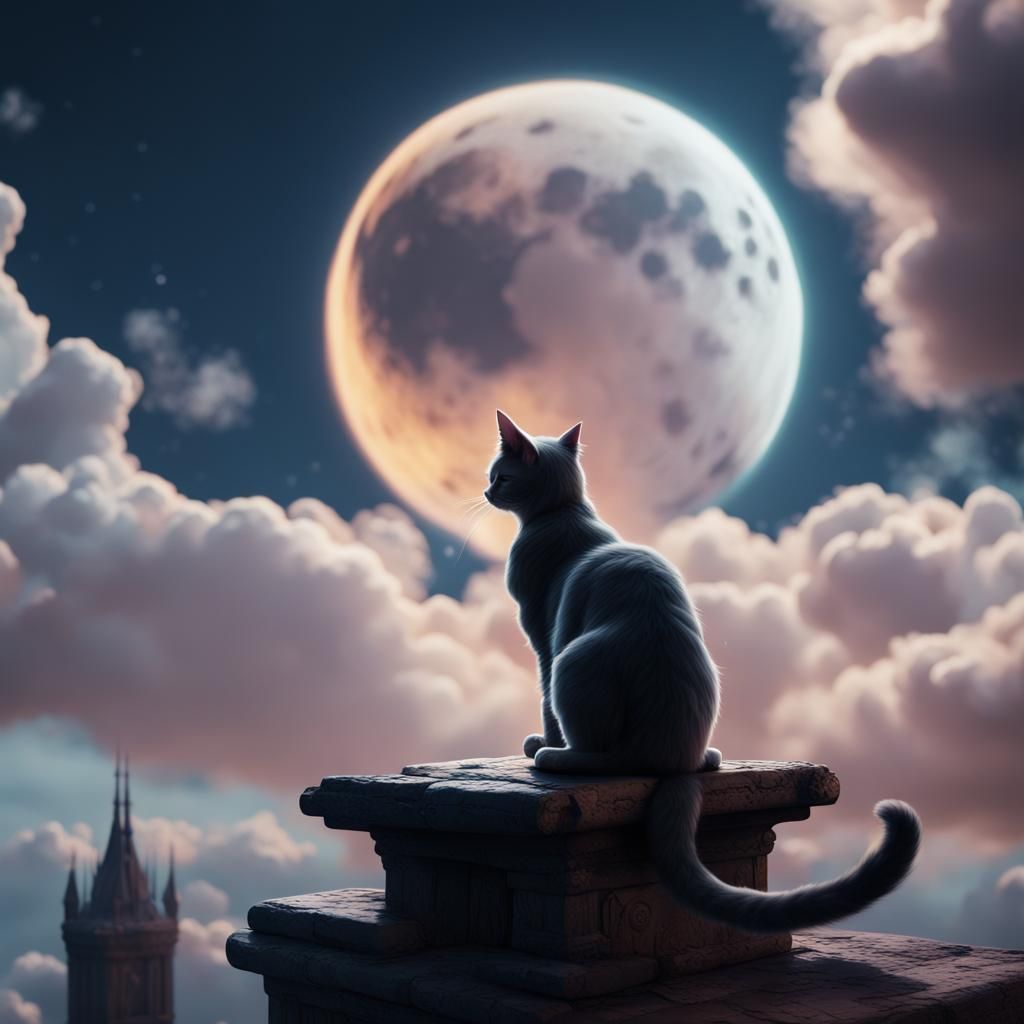 Fantastical Cat Moon and Clouds Art