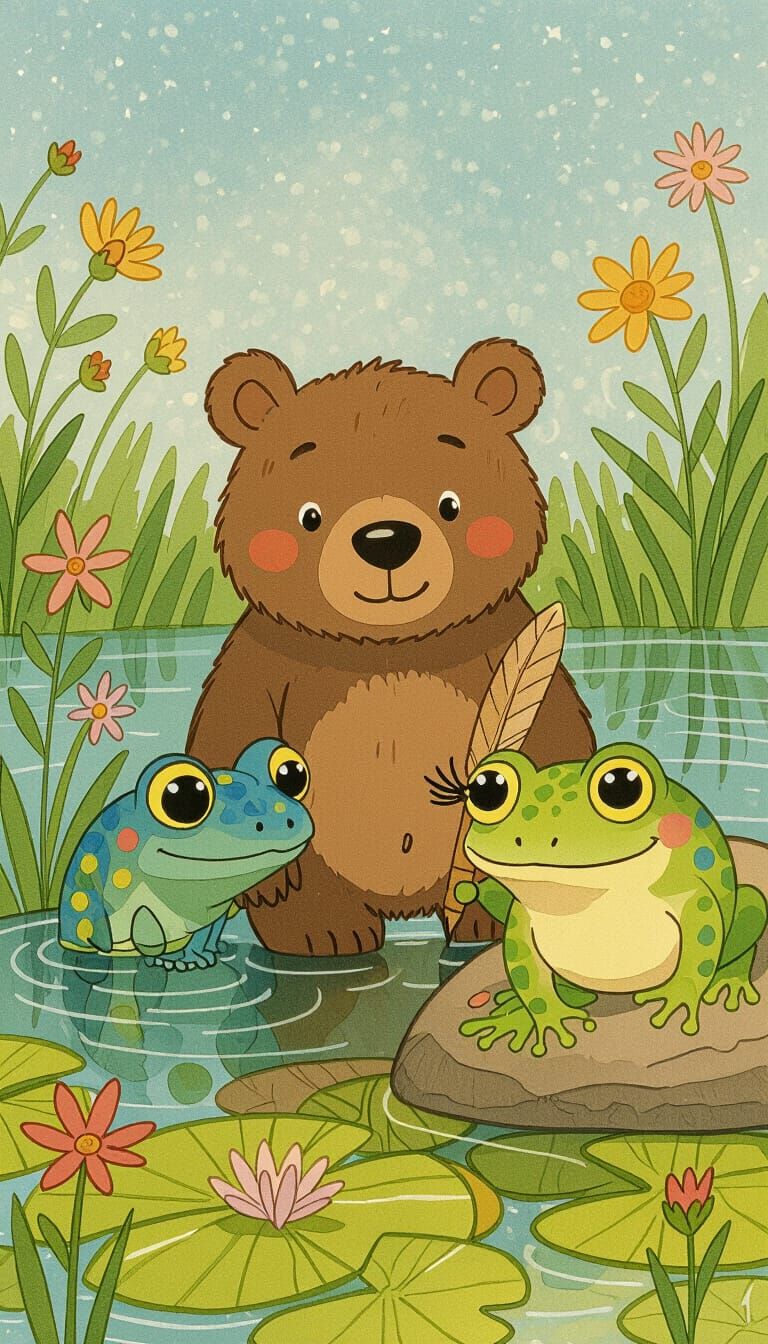 Charming Watercolor Frog Friends in Pond Harmony
