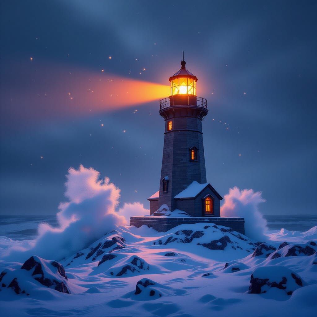 A crystal lighthouse stands, resilient and austere,
Its ambe...