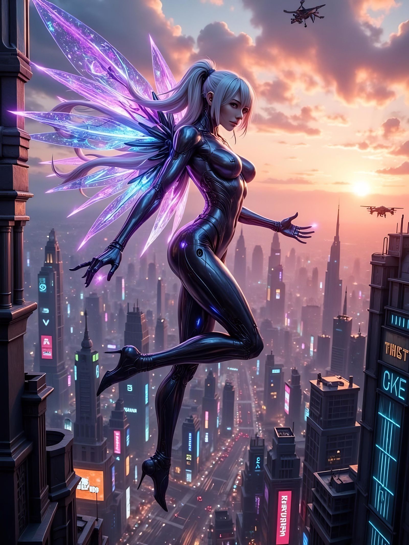 Cyberpunk Fairy Soaring Above Neon Metropolis