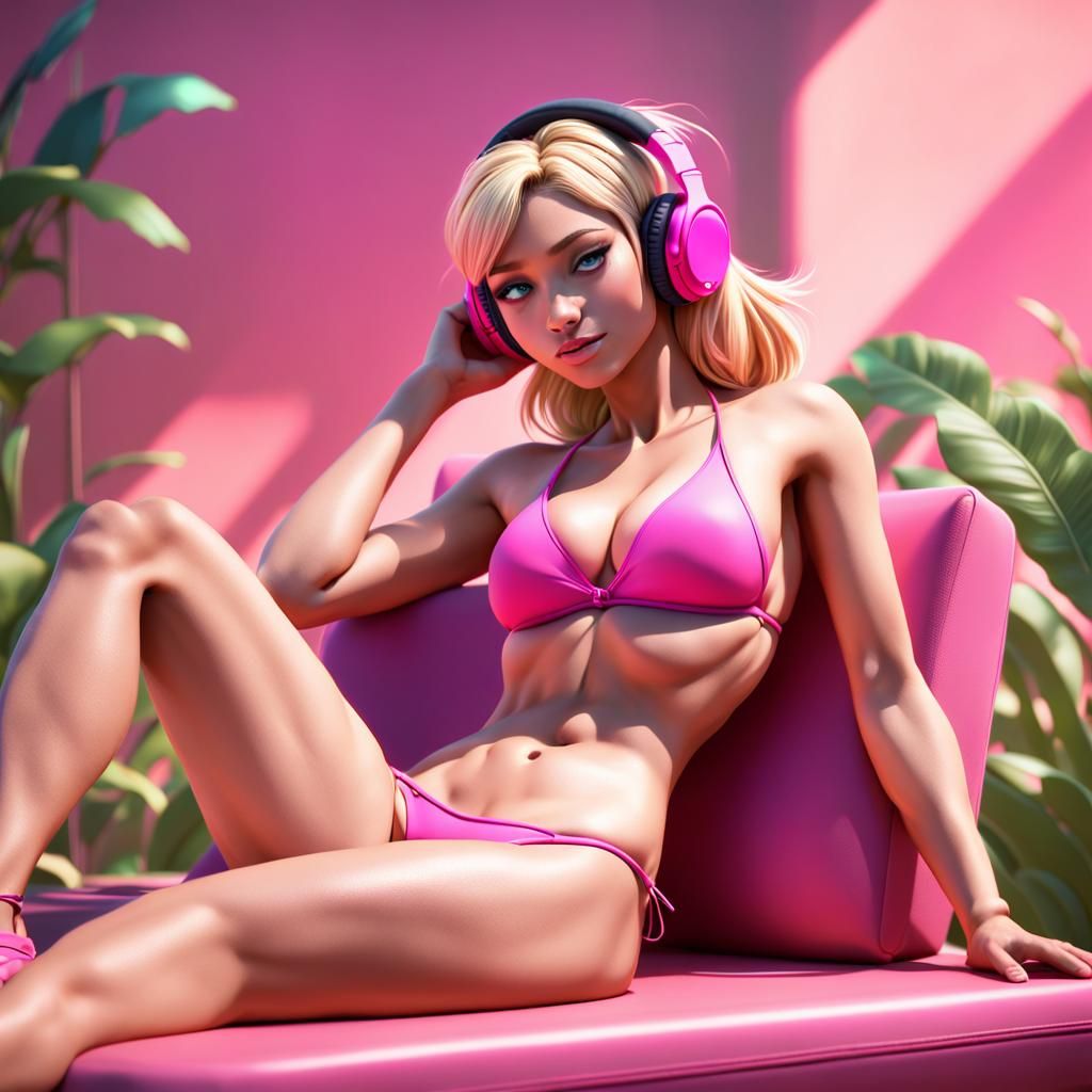 Attractive Blonde Girl in Pink Bikini: 3D Render