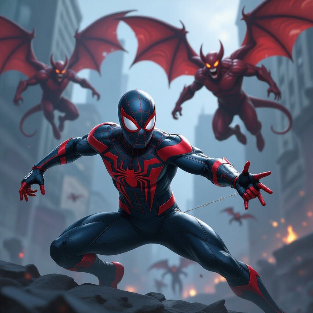 Futuristic Spider-Man Battles Demons in Gritty Graphic Style