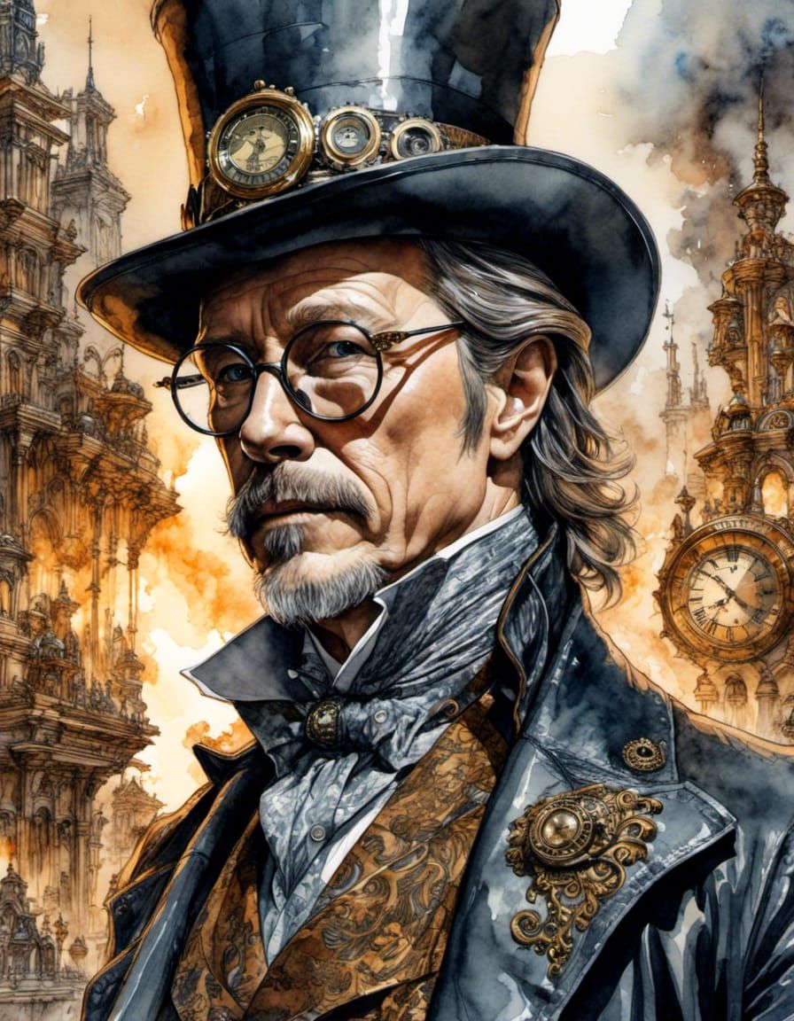 Steampunk Villain: Gary Oldman in Watercolor Style