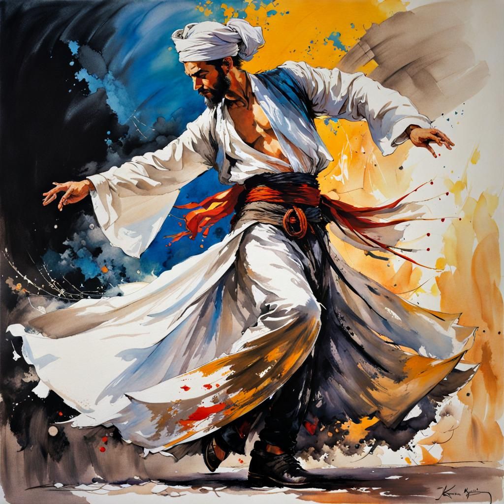 Turkish Dancing Dervish in Ink Painting Style