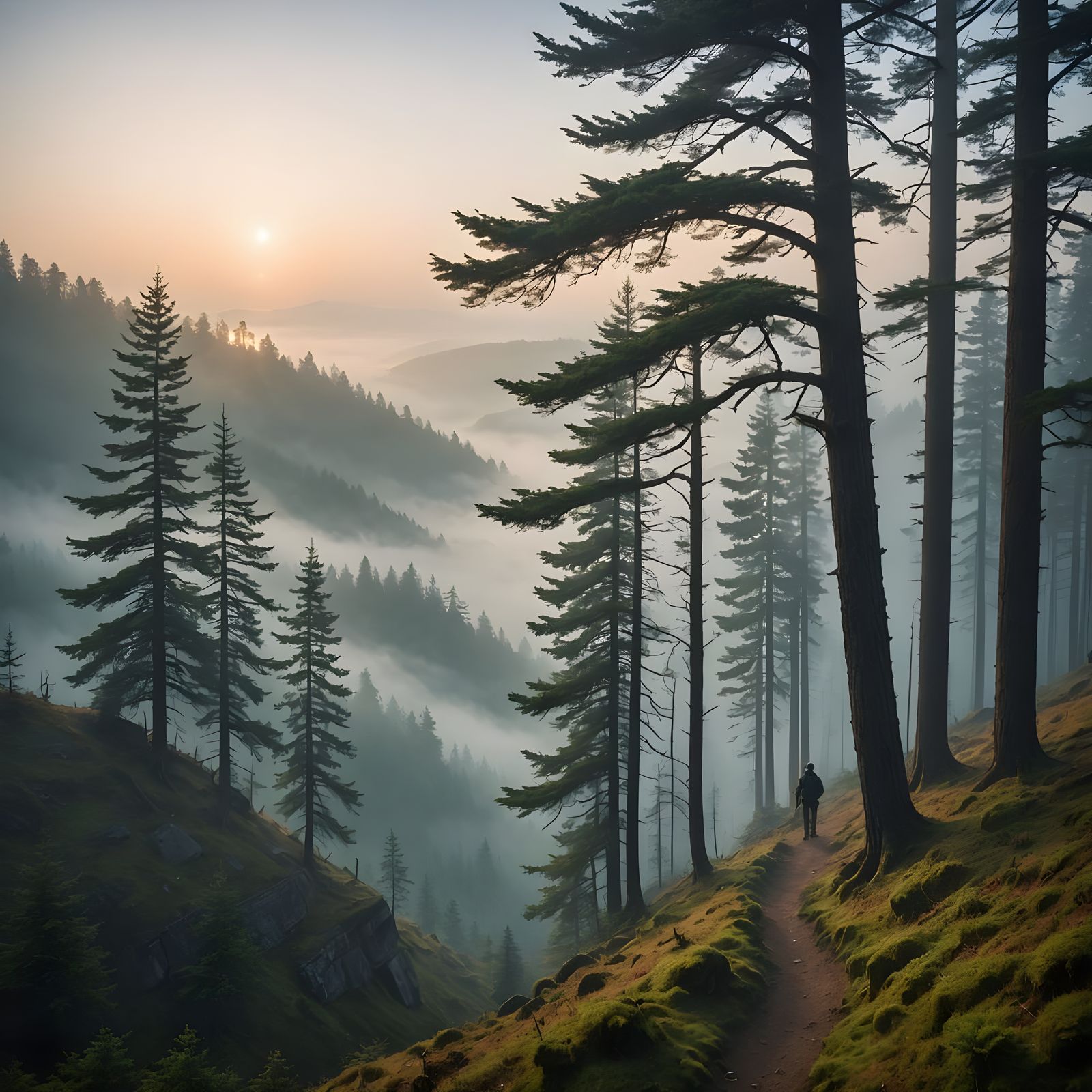 Misty Forest Dawn: Lone Traveler on Ridge