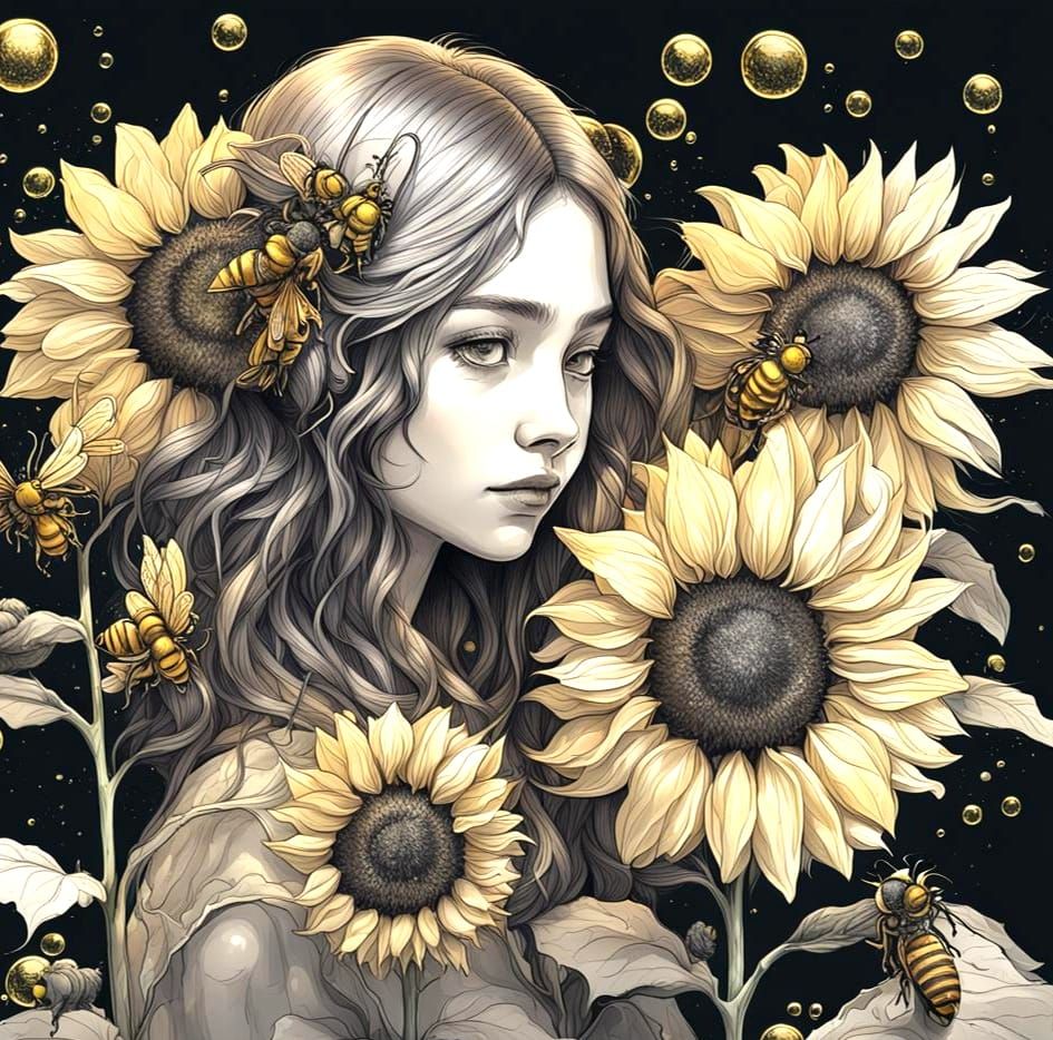 Honey Bee Girl on Sunflower: Ink Drawing