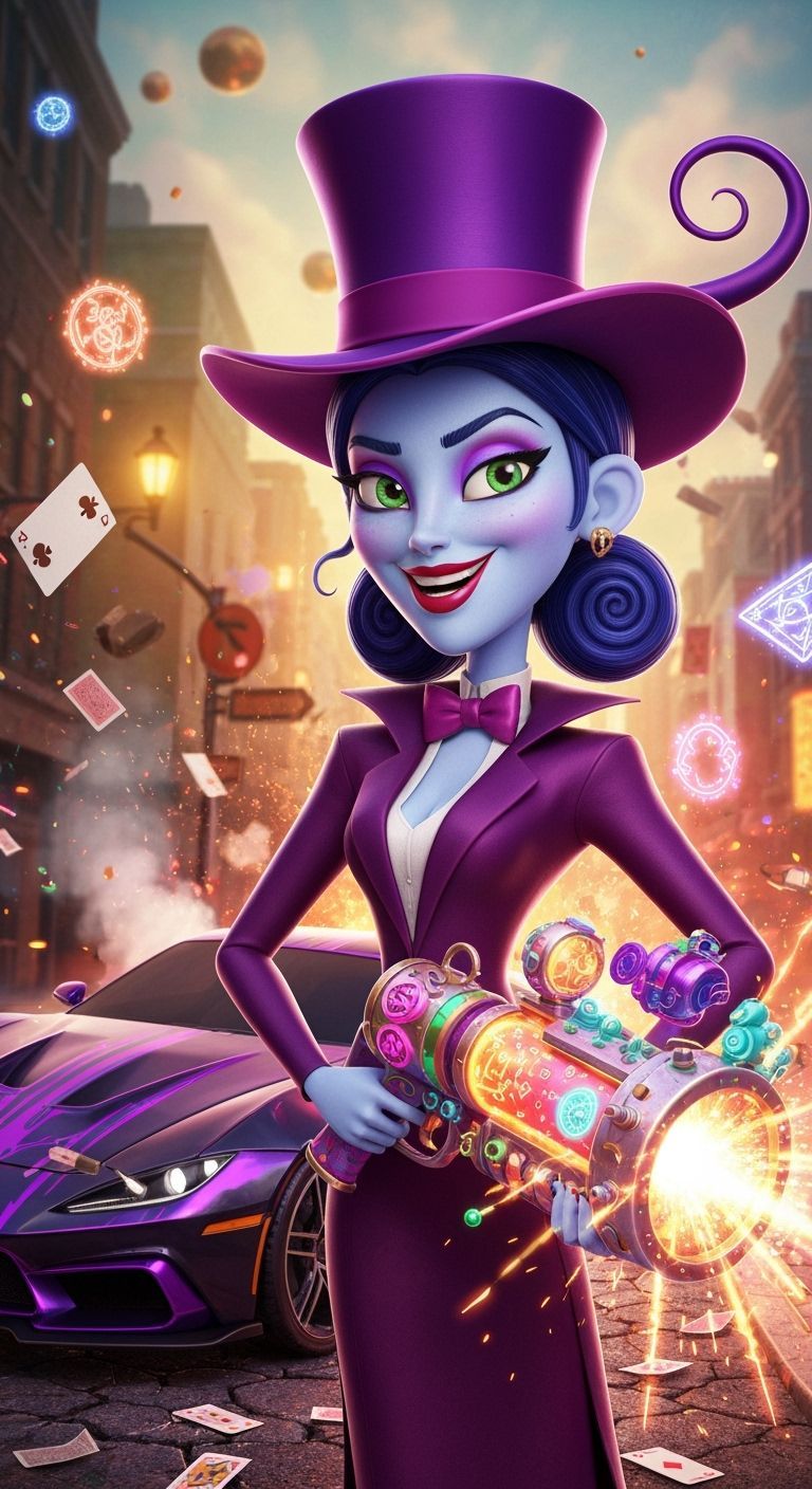 Glamorous Blue-Skinned Magician with Blaster in Chaotic City