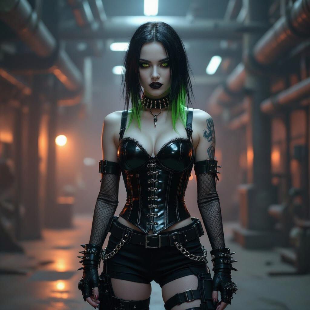 Industrial Goth Woman in Neon Cyberpunk Warehouse