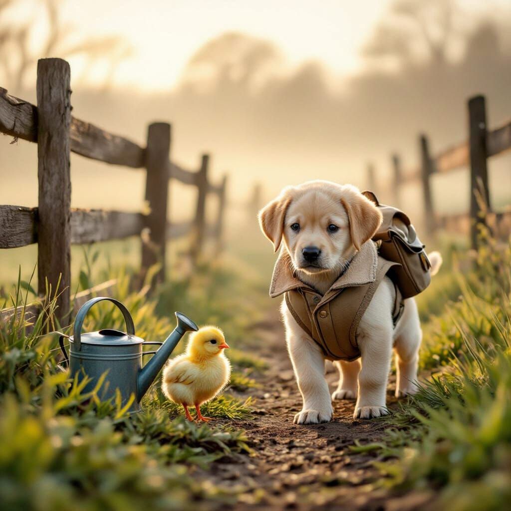 Labrador Puppy on Misty Farm at Sunrise