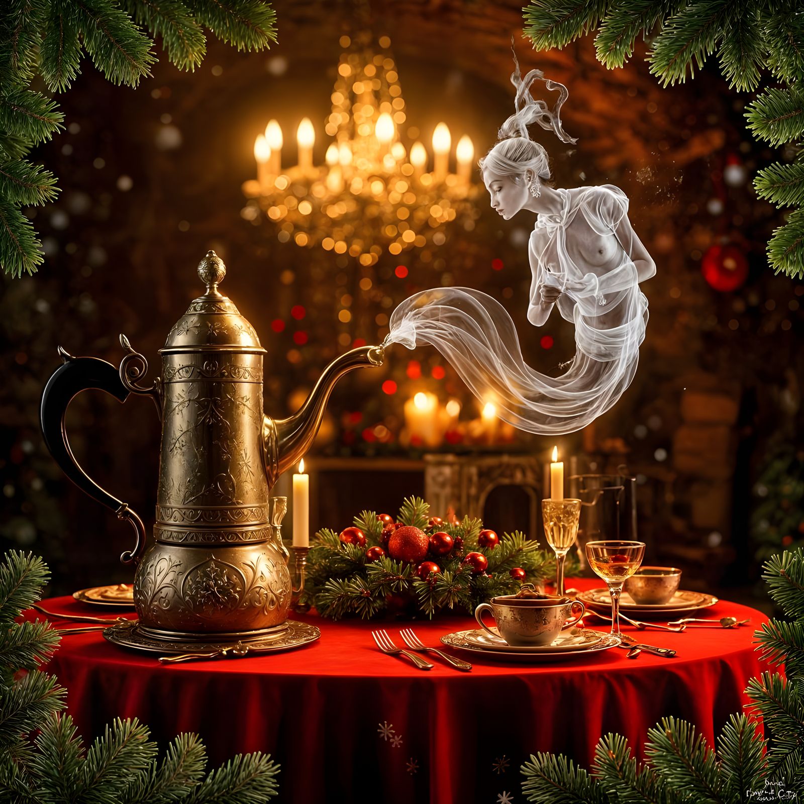 Ethereal Genie Emerges from Moka in Festive Italian Landscap...