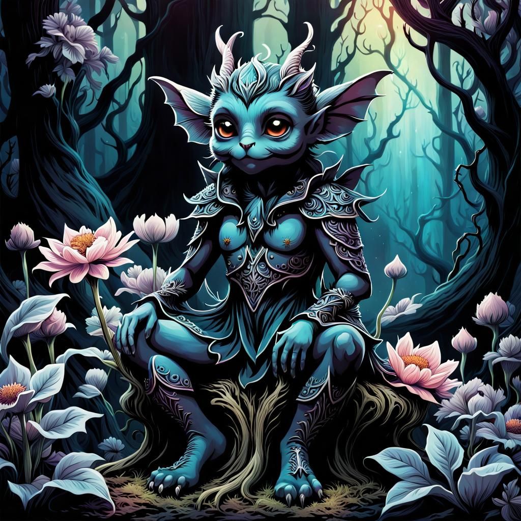 Eerie Imp in Ghostly Wood: Sinister Ink Art