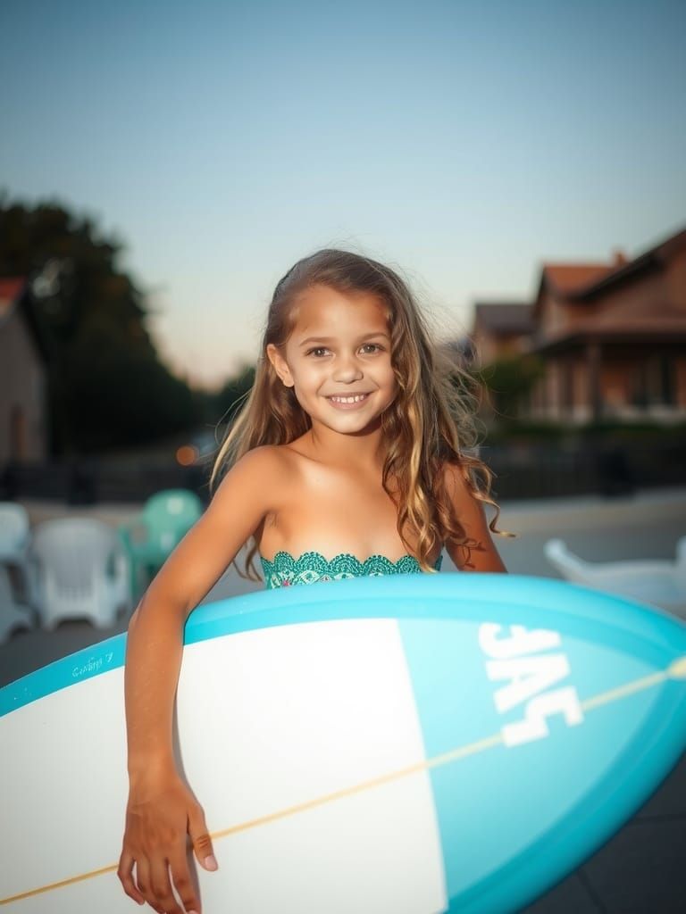 Girl with Surfboard on Beach: Cheerful Digital Art