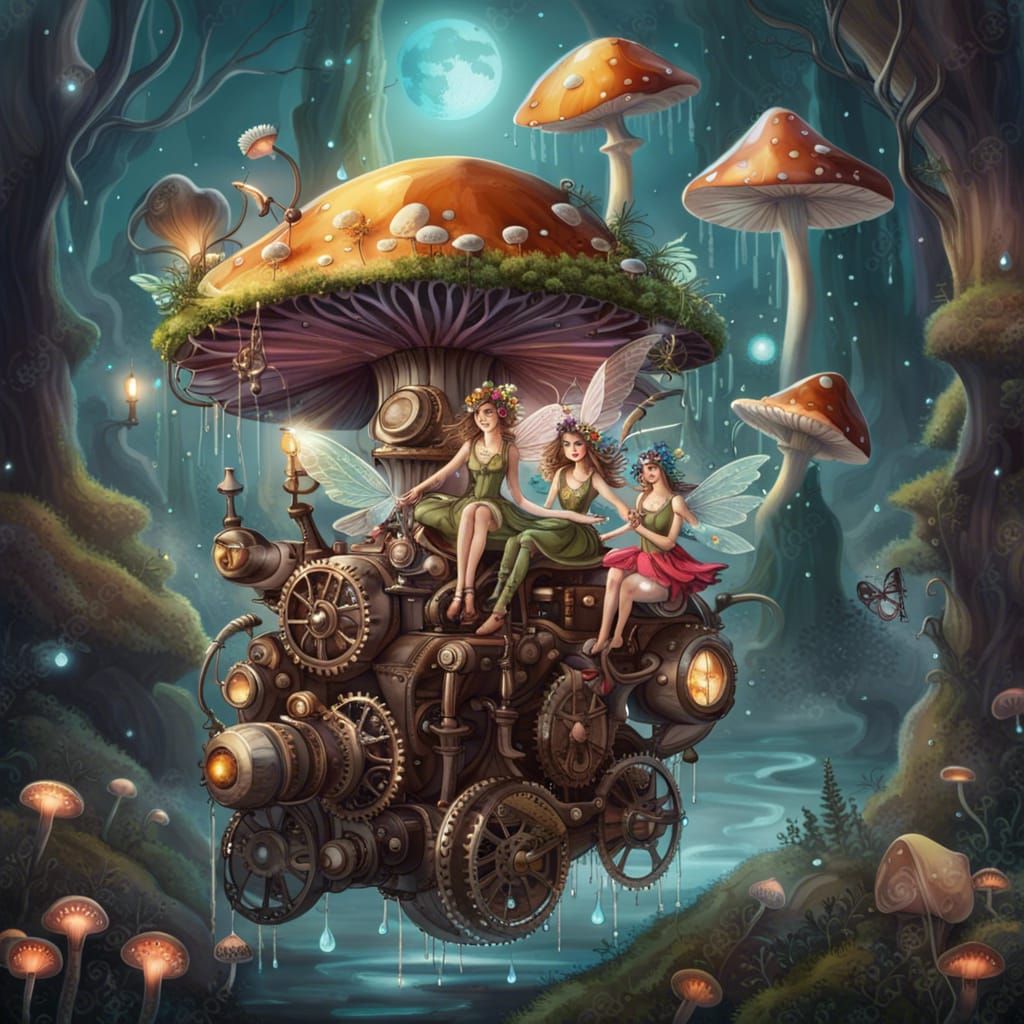 Fairies in Magical Mushroom Forest with Steampunk Engine
