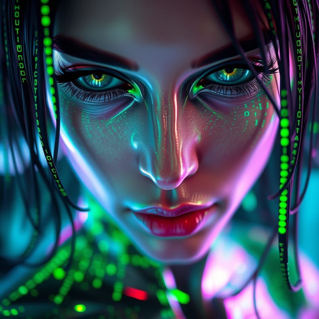 Cyberpunk Woman Composed of Matrix Code in Neonpunk Style