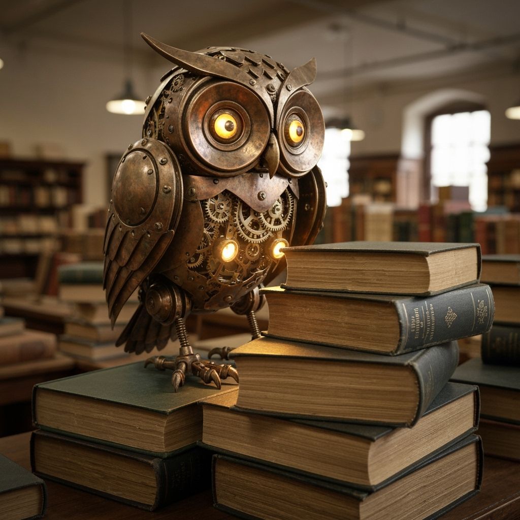 Steampunk Robot Owl in Antique Shop