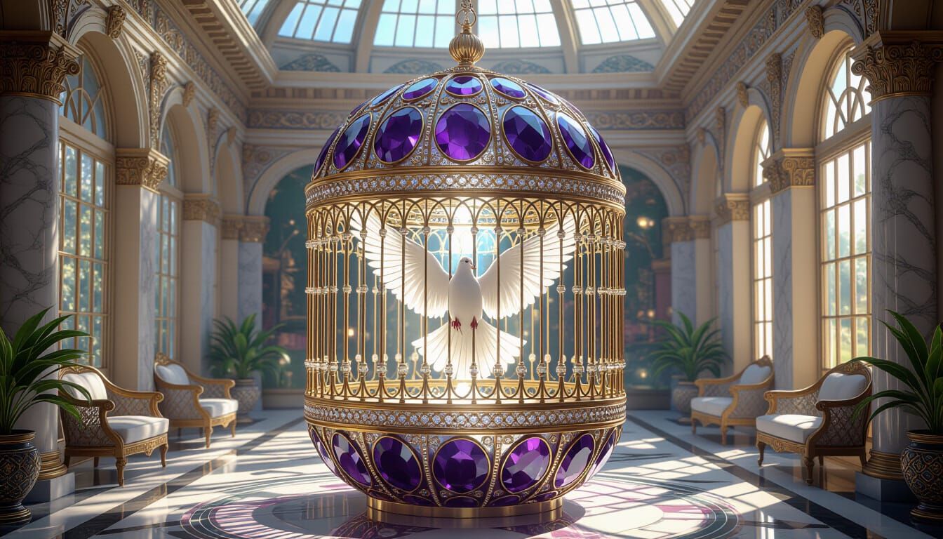 Surreal Gemstone Bird Cage with Dove in Art Deco Sunroom