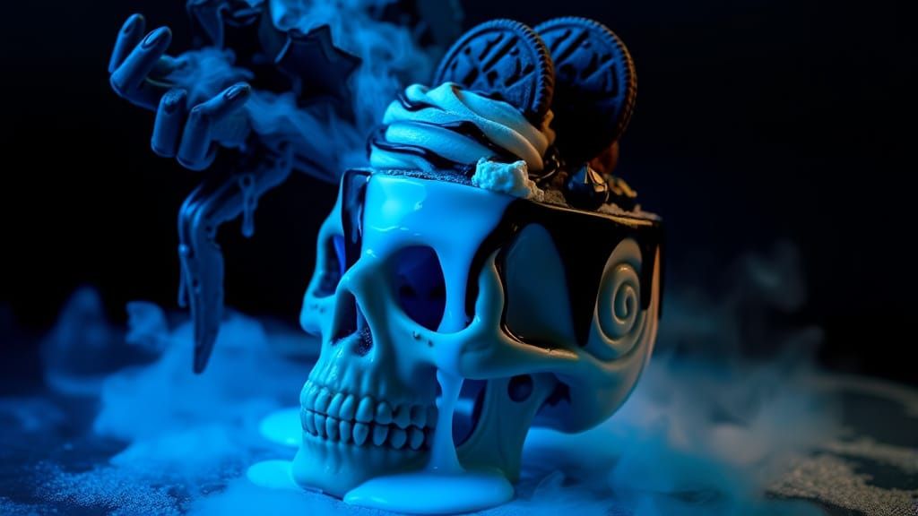 Gothic Skull Ice Cream Sundae with Fluorescent Blue Sauce