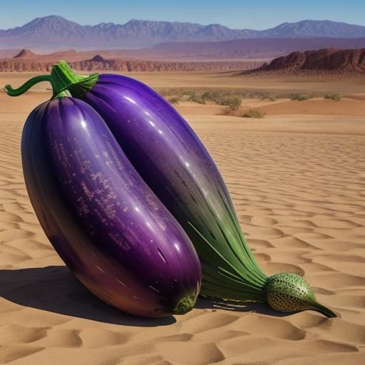 Giant Eggplant Lounges in Arid Desert Landscape