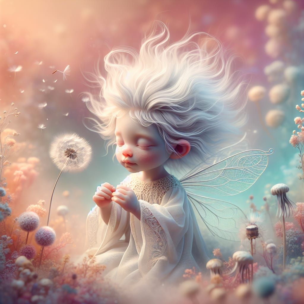 Soft and delicate baby fairy, white hair, intricate details,...