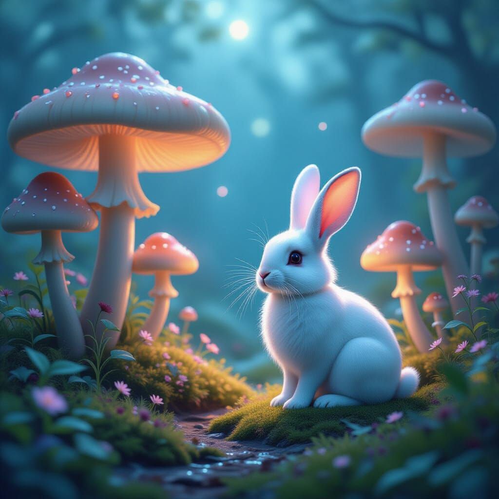 Mystical Twilight Garden with Luminous Rabbit