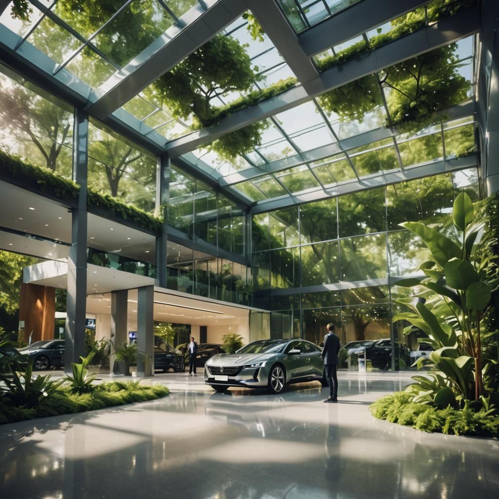 Futuristic Car Dealership Surrounded by Lush Nature