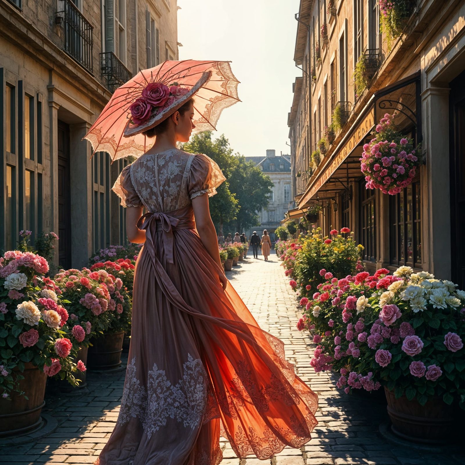 French Woman Strolls Past a Vibrant Cafe in Lush Summer Land...