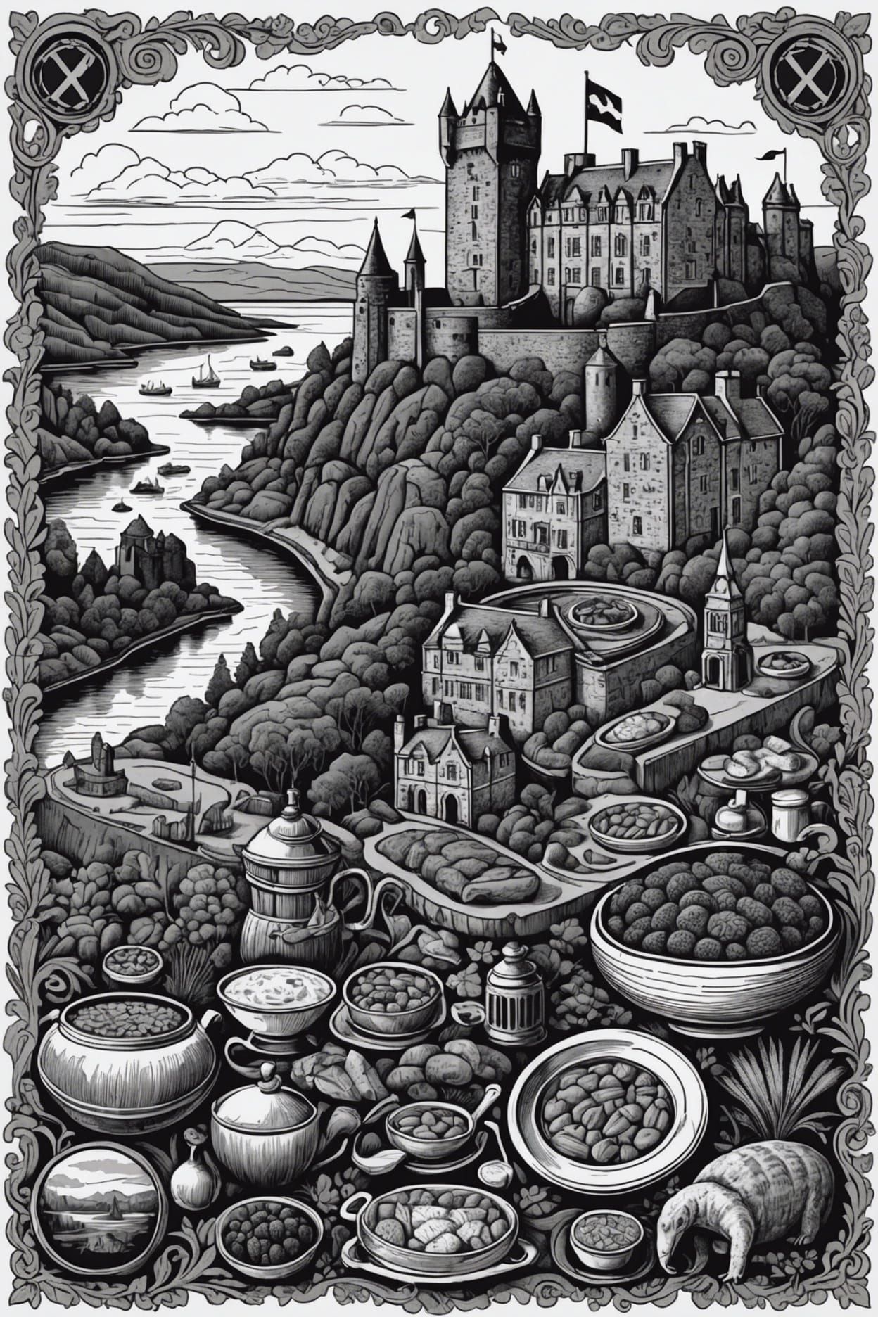 Detailed Black and White Illustration of Scotland