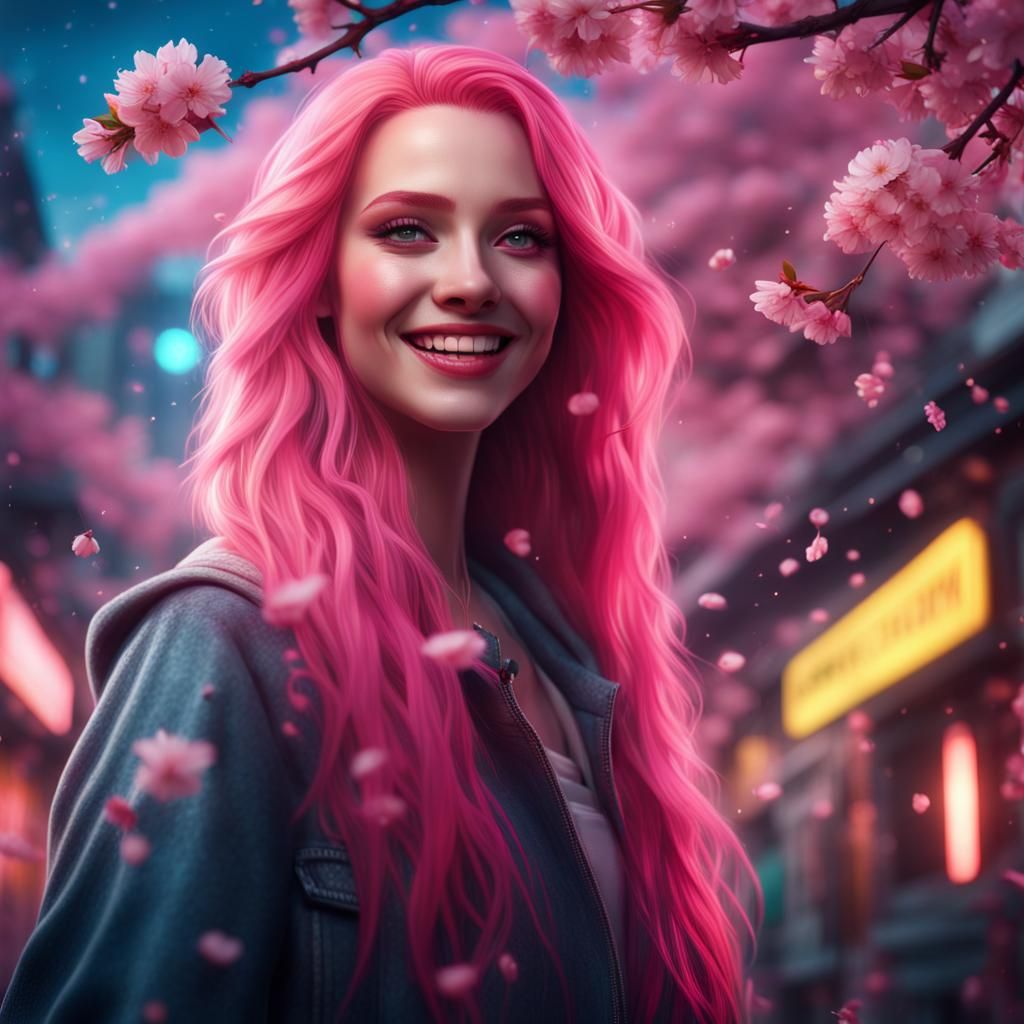 Pink-Haired Woman in Neon City, Digital Painting