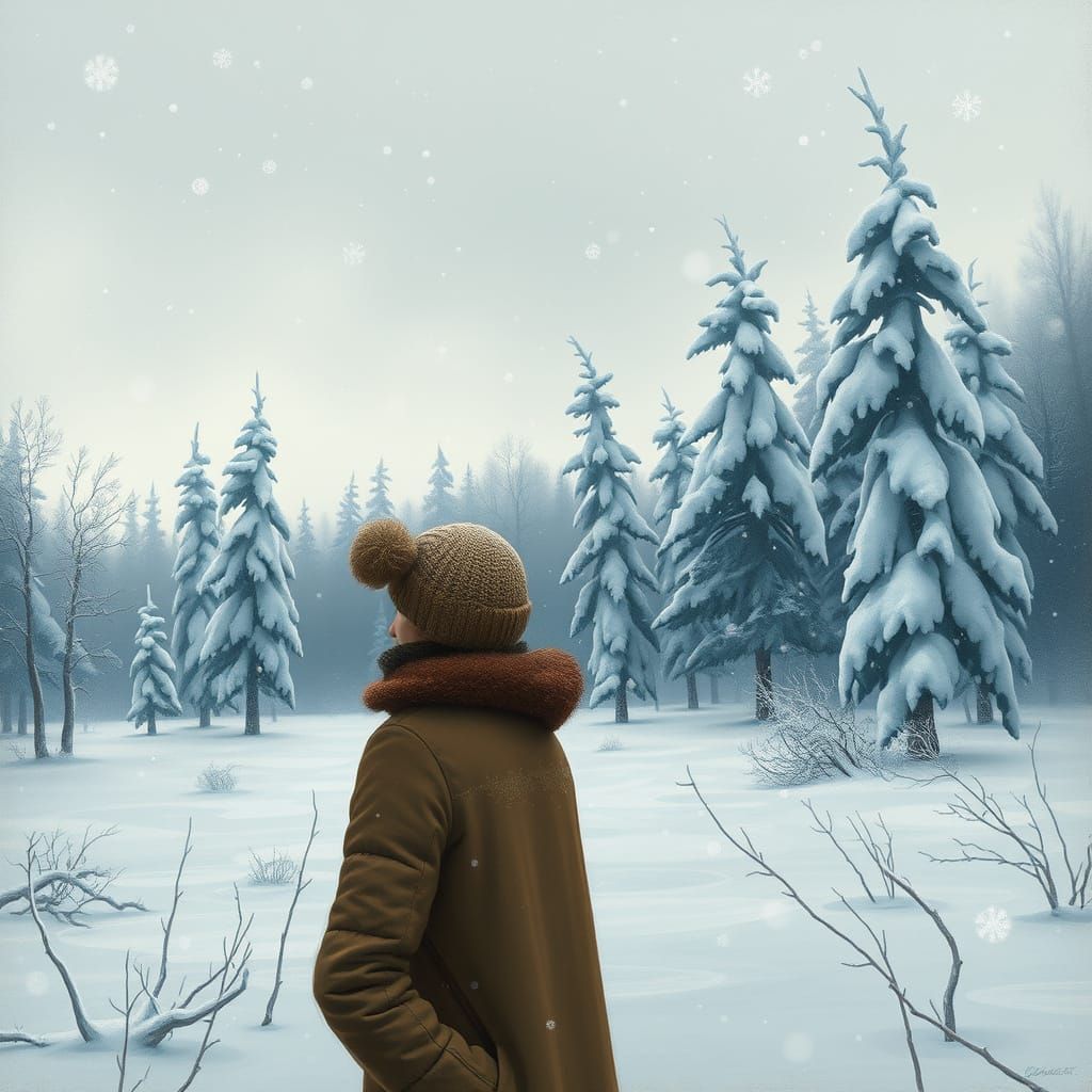 Winter Landscape with Woman in Romantic Realism Style