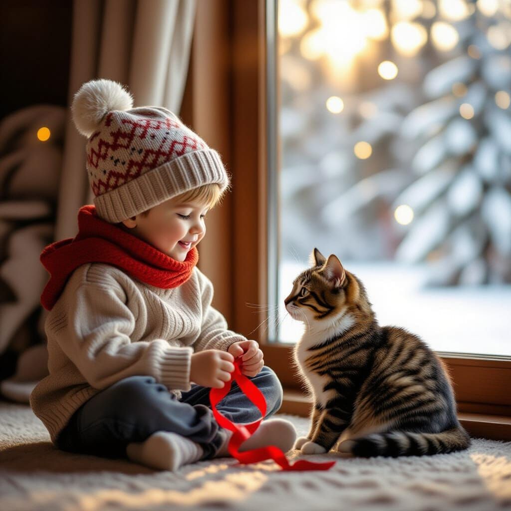 Boy and Cat Play in Cozy Living Room