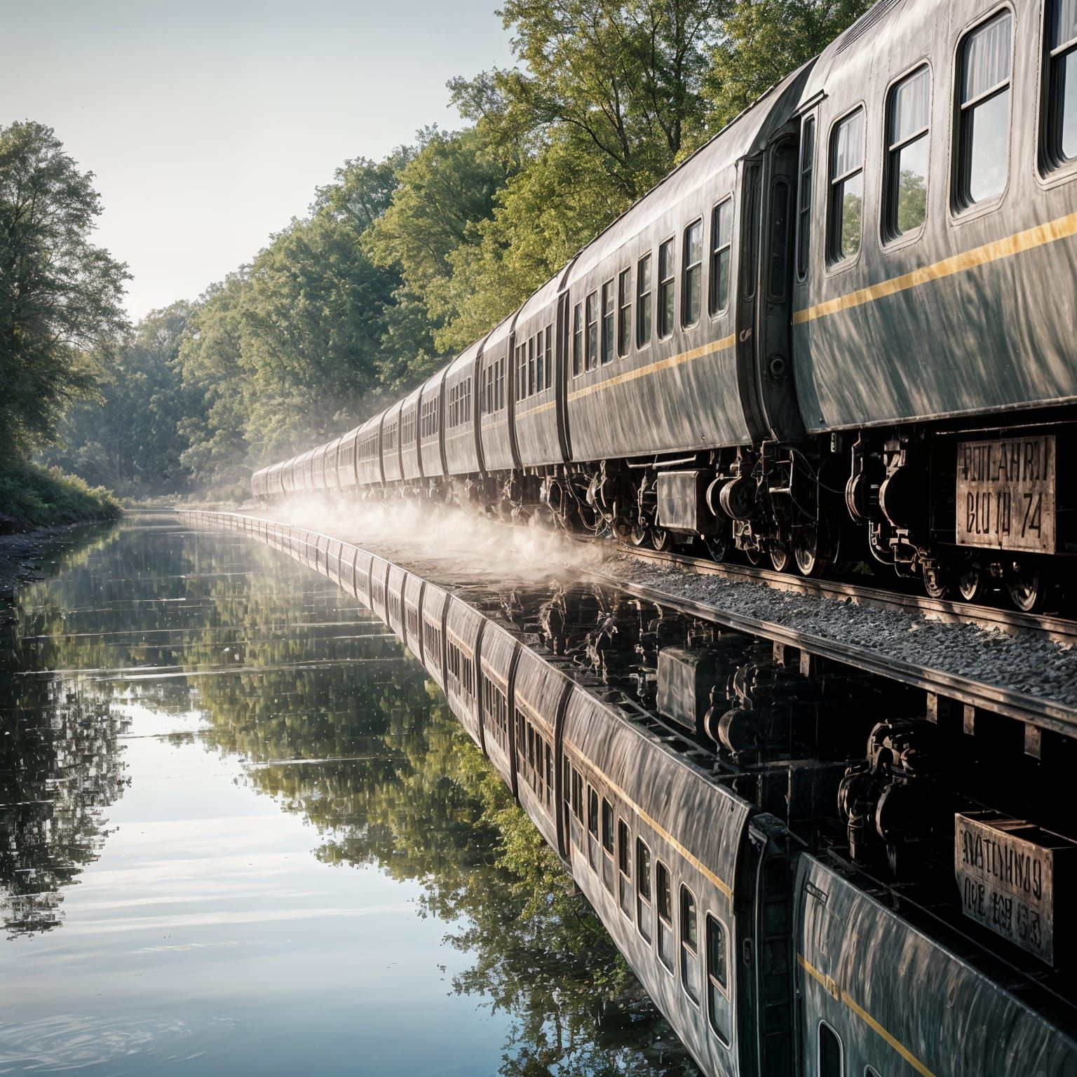 Train Travels Along Tracks in Morning Sunlight
