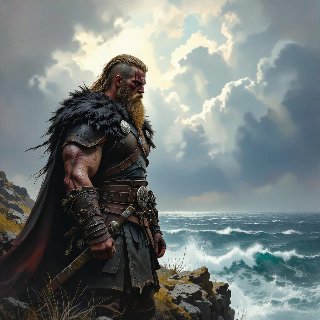A lone Viking warrior, weathered and scarred, stands on a wi...