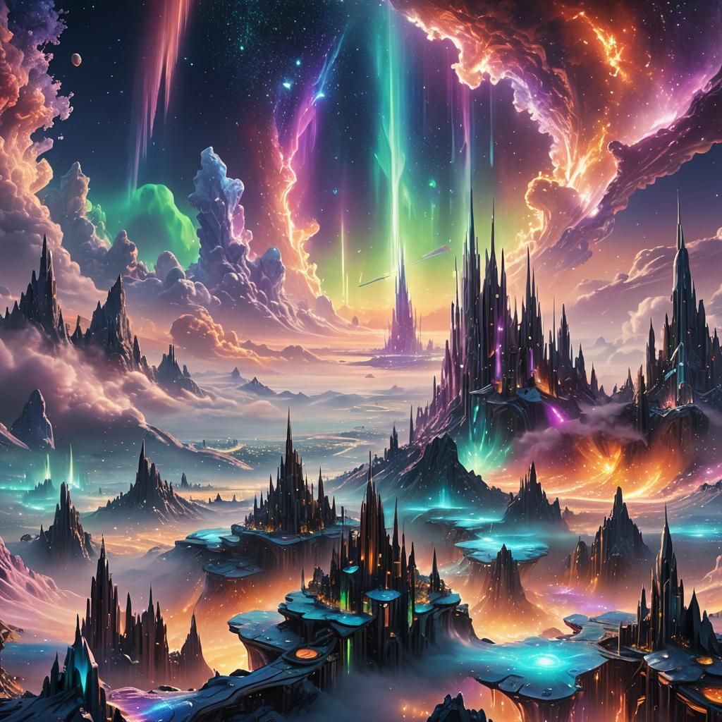 Futuristic Alien Cityscape with Iridescent Mist