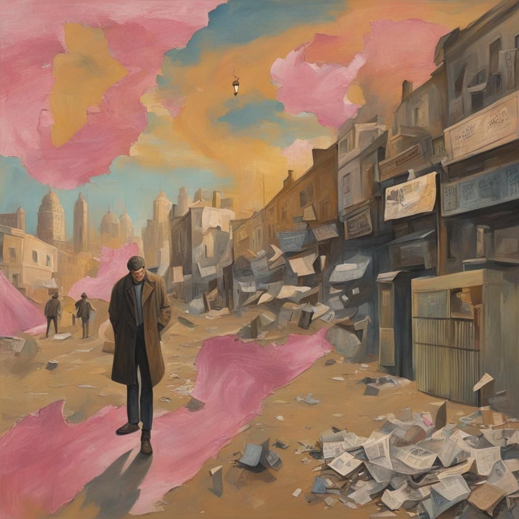 Dystopian Citizen in Garbage-Strewn Surrealist Cityscape