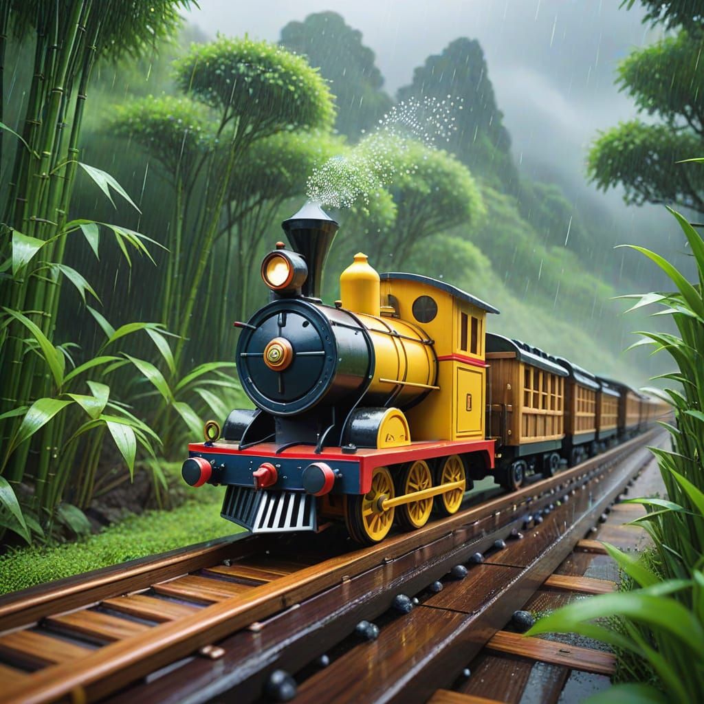 classic wooden bamboo toy train on a wood track