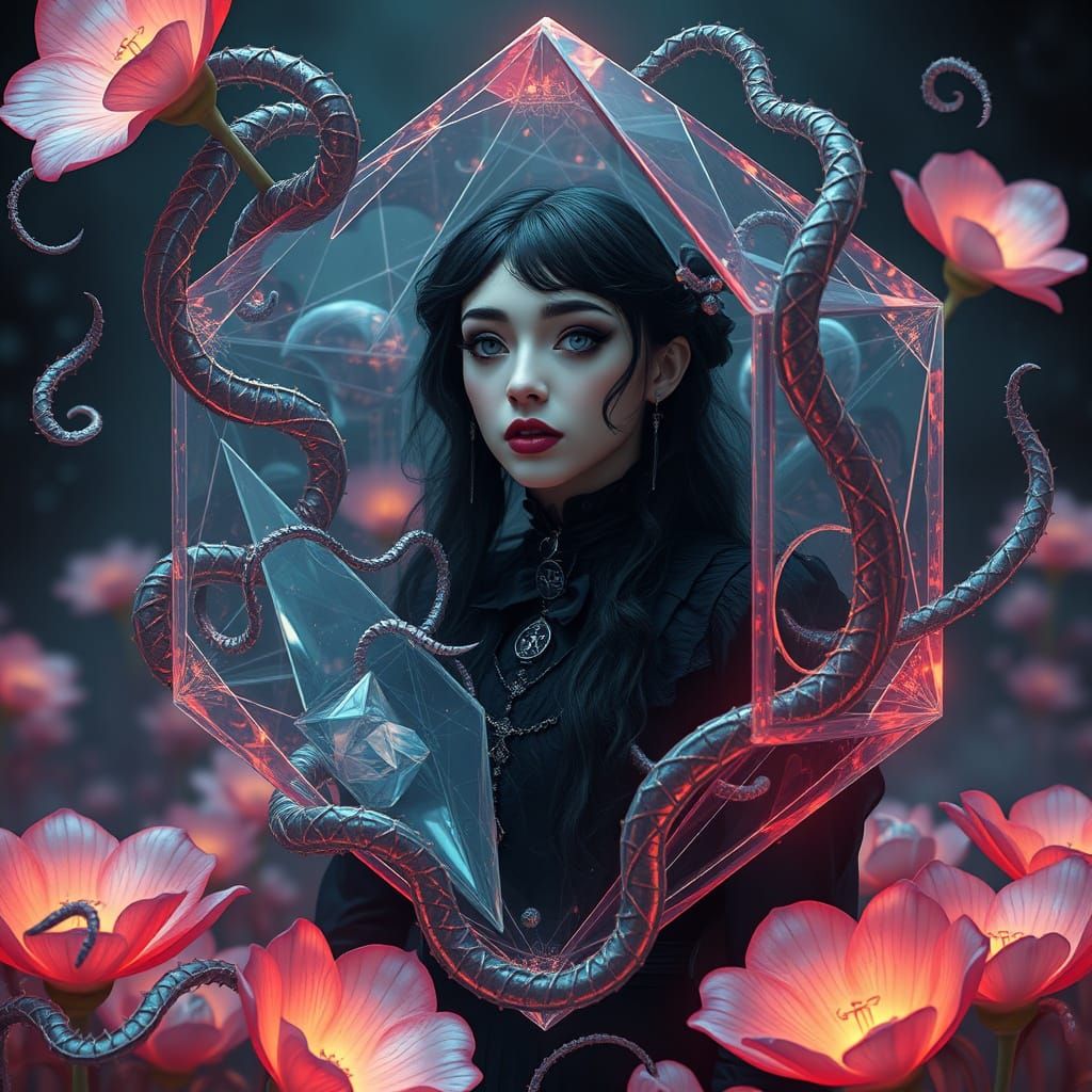 Ethereal Goth Girl Trapped in 4D Tesseract Amidst Blooming B...