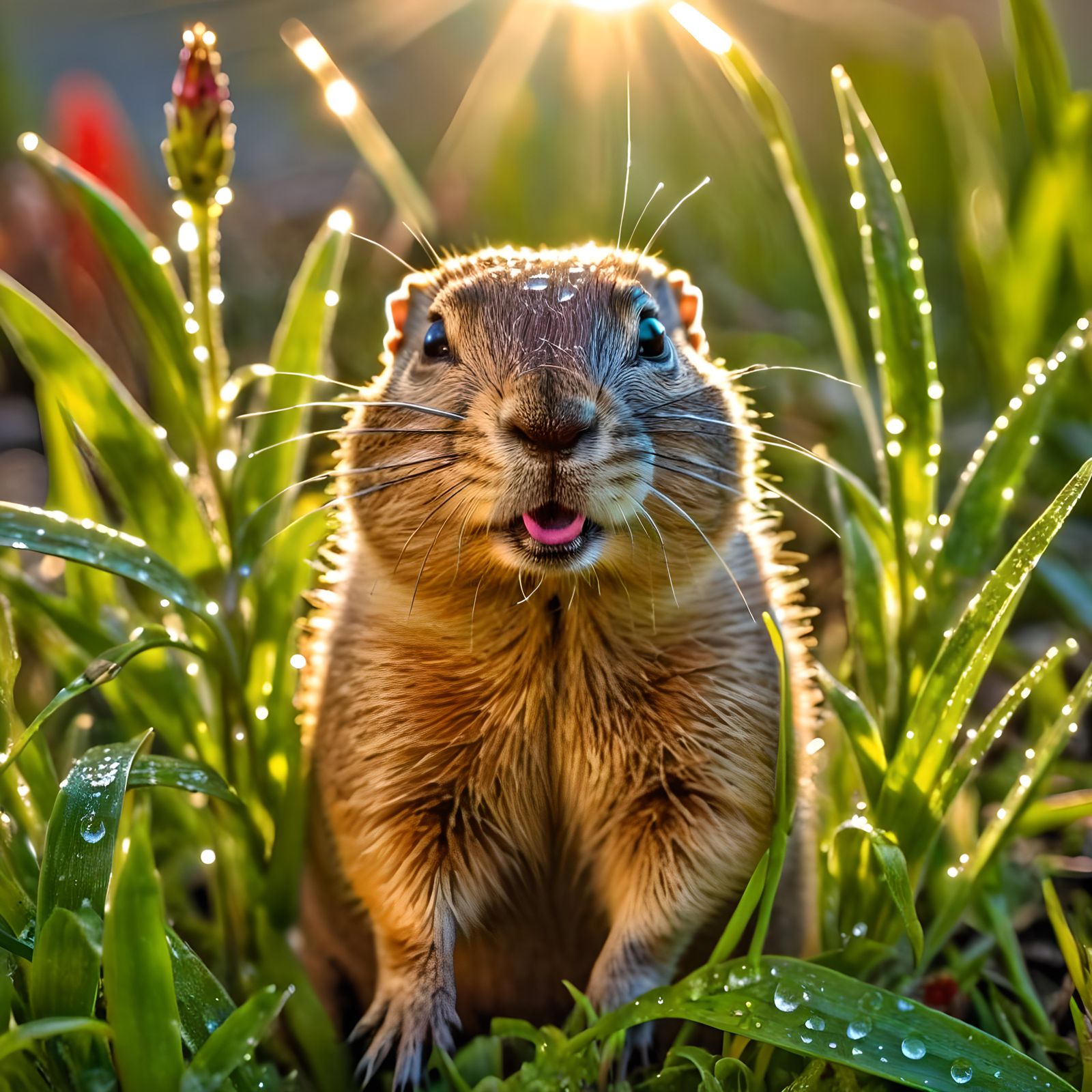 Gopher in Dew-Kissed Plants, Hyperreal Sunlight