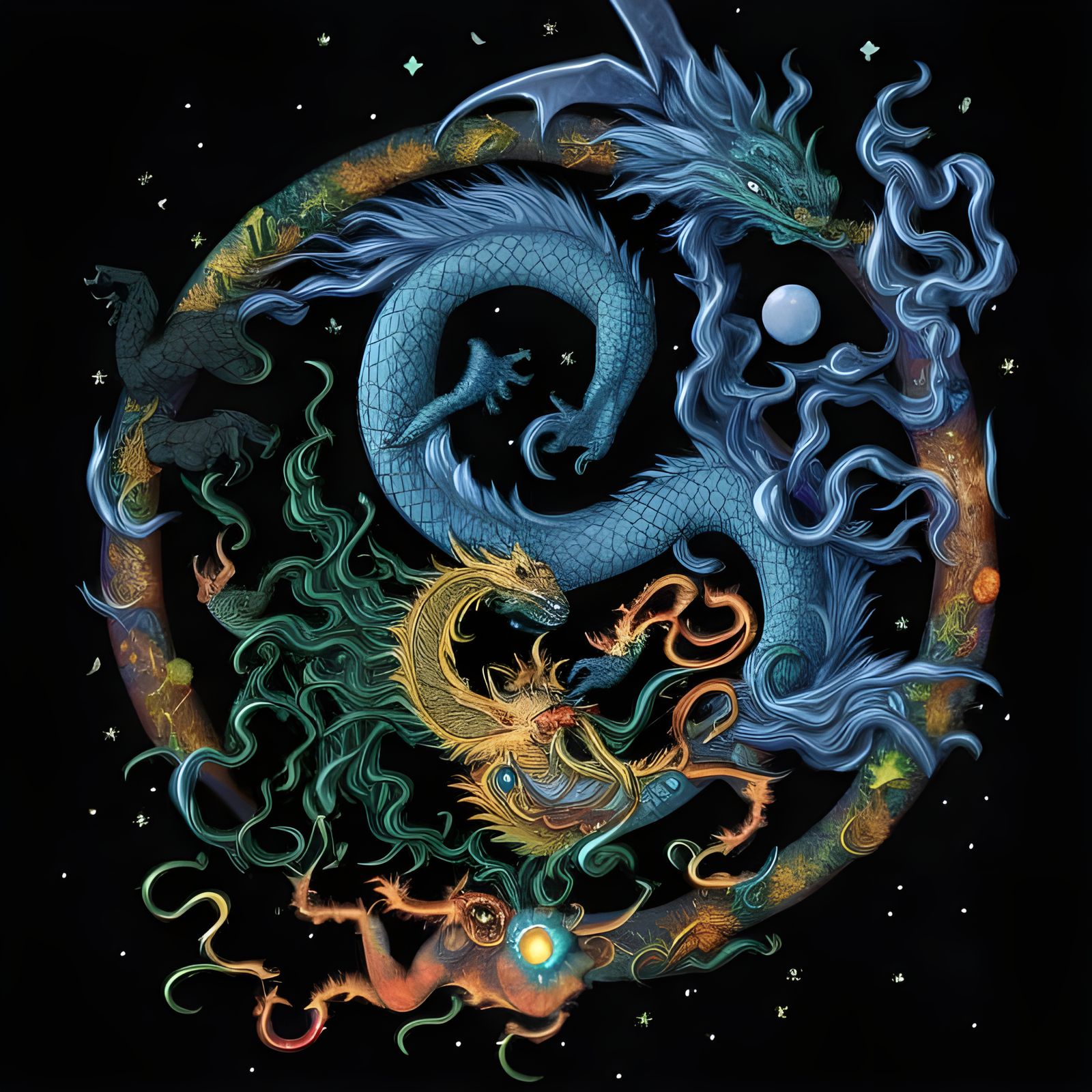 Astral Yin Yang Dragon in Dreampunk Zen Style