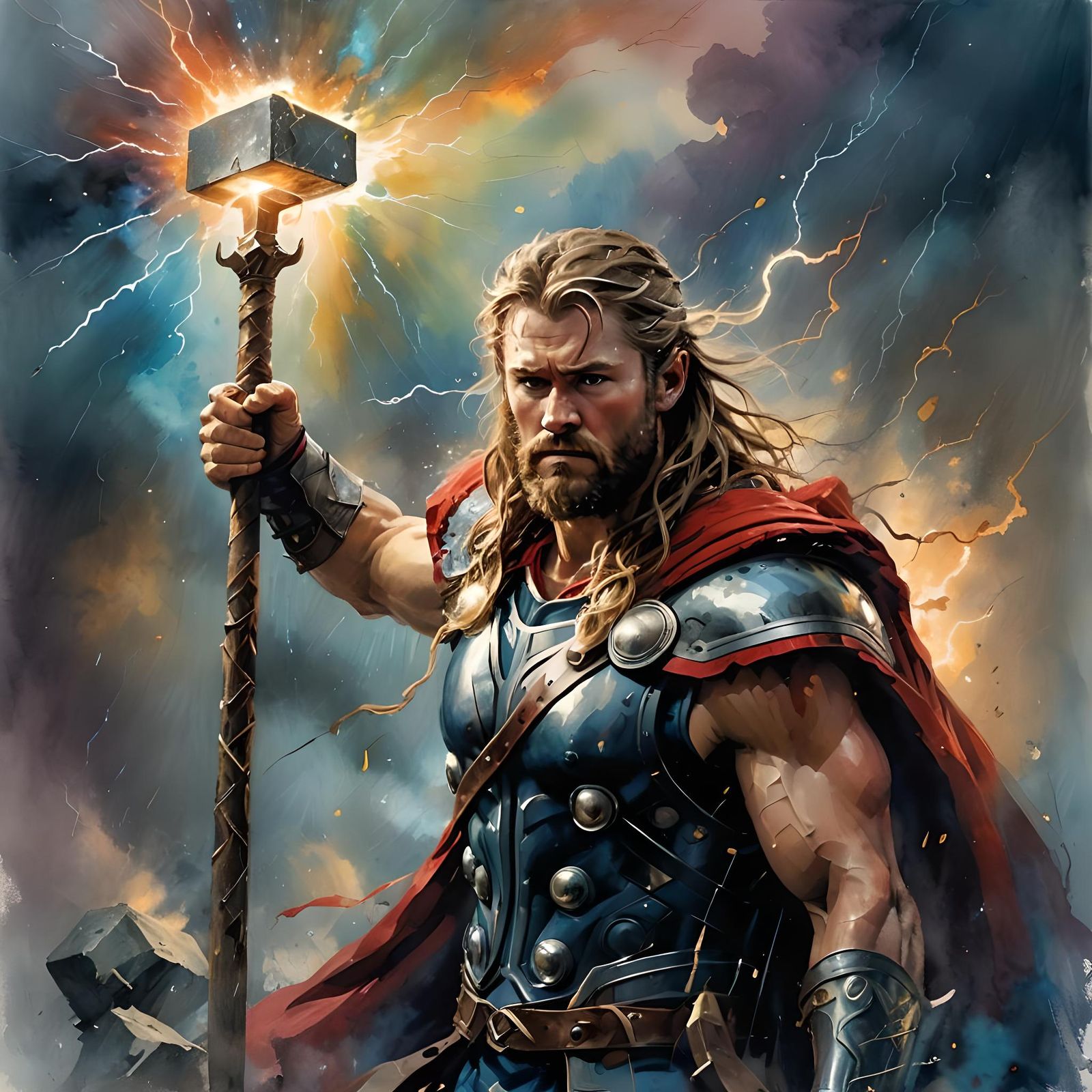 Thor in Thunderstorm: Watercolor Art