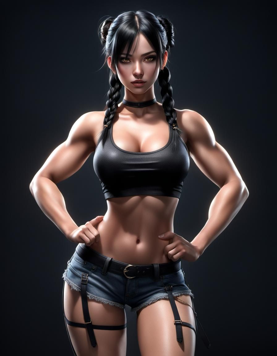 Black-Haired Beauty with Pigtails in Dynamic Lighting
