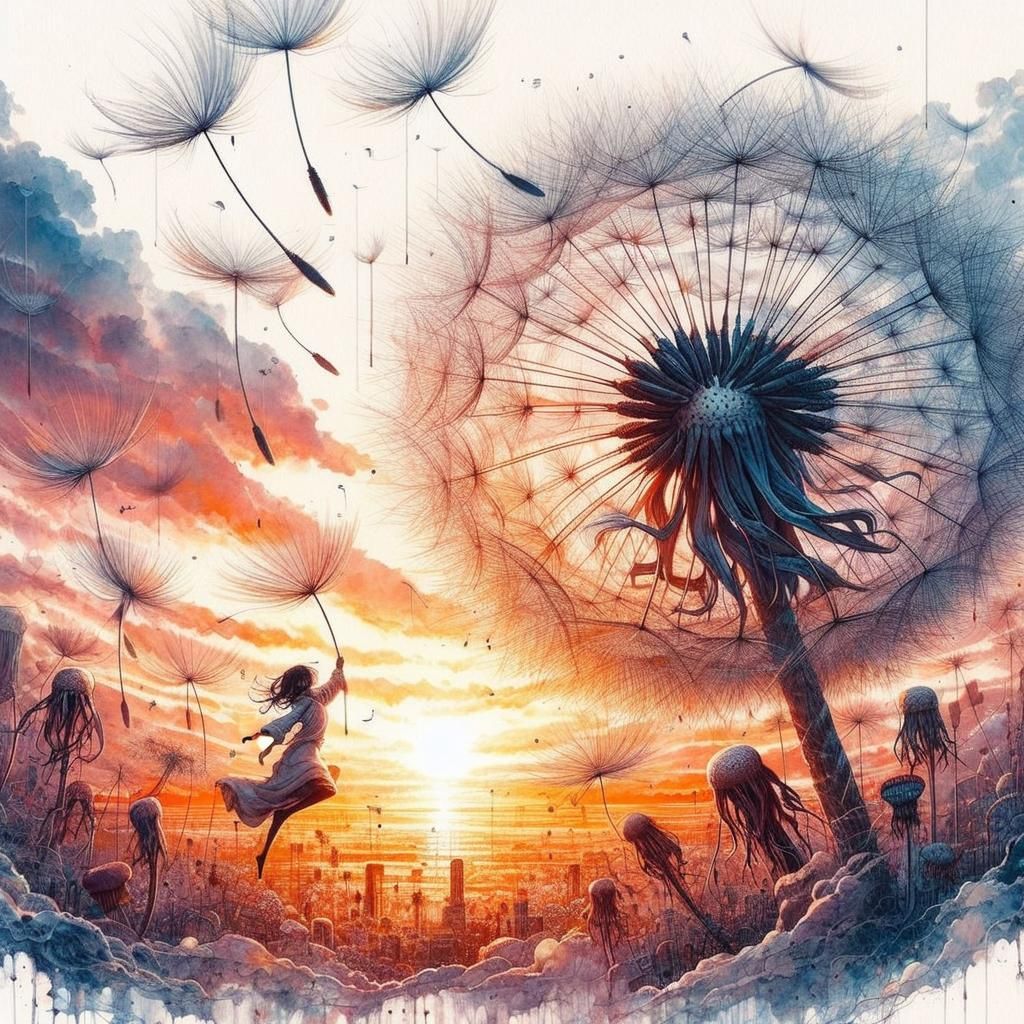 Anime Girl Catching Dandelion Seeds: Watercolour-Ink Paintin...