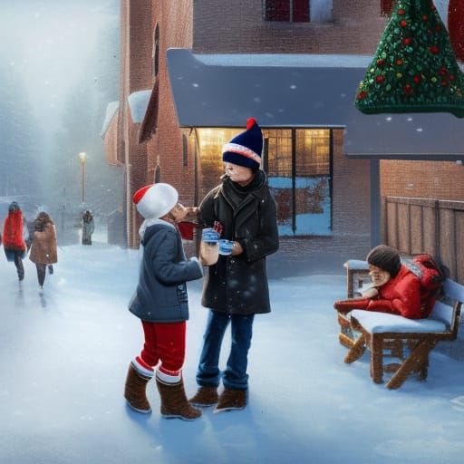 Teenagers Sharing Cocoa in Winterscape, Digital Art