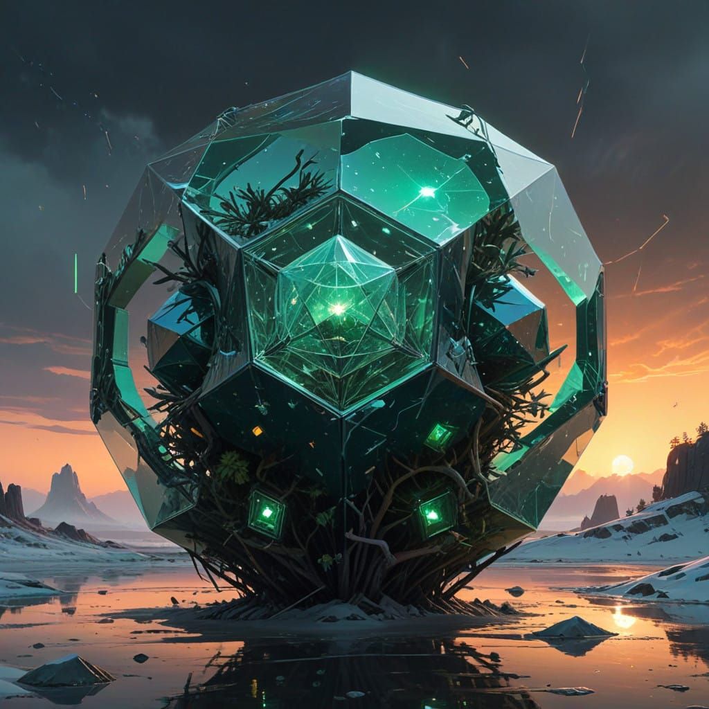 Glowing Crystal Dodecahedron in a Surreal Cosmic Dreamscape