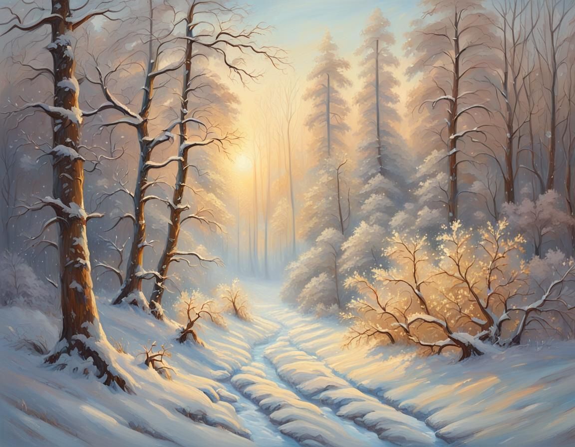 Serene Winter Forest in Style of Oil Painting
